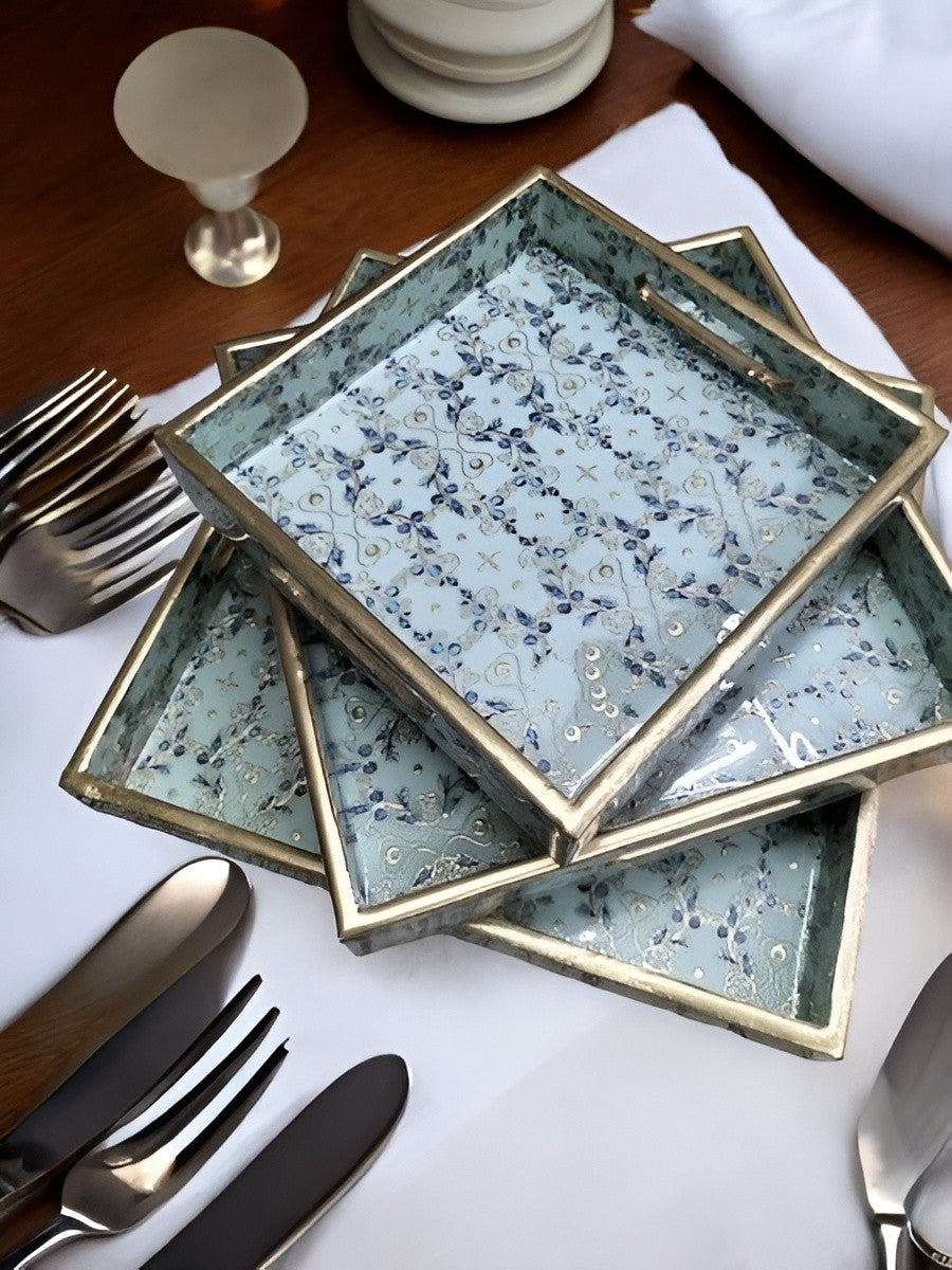 wooden square shape Gold foil print set of 3 trays for home/ office/ gift item/ kitchen